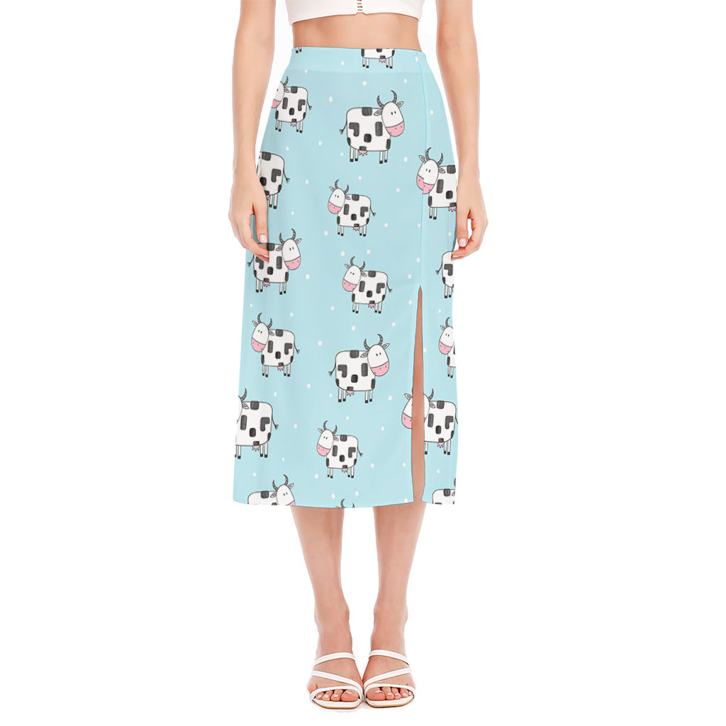 Doodle Cow Pattern Print Side Slit Midi Skirt