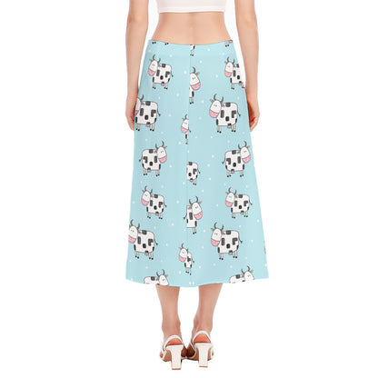 Doodle Cow Pattern Print Side Slit Midi Skirt