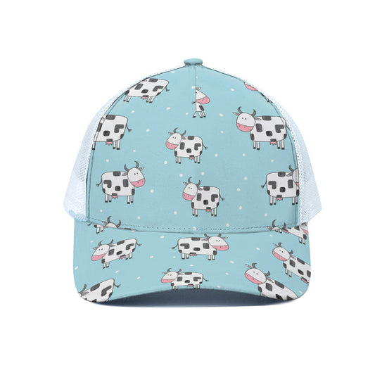 Doodle Cow Pattern Print White Mesh Trucker Cap