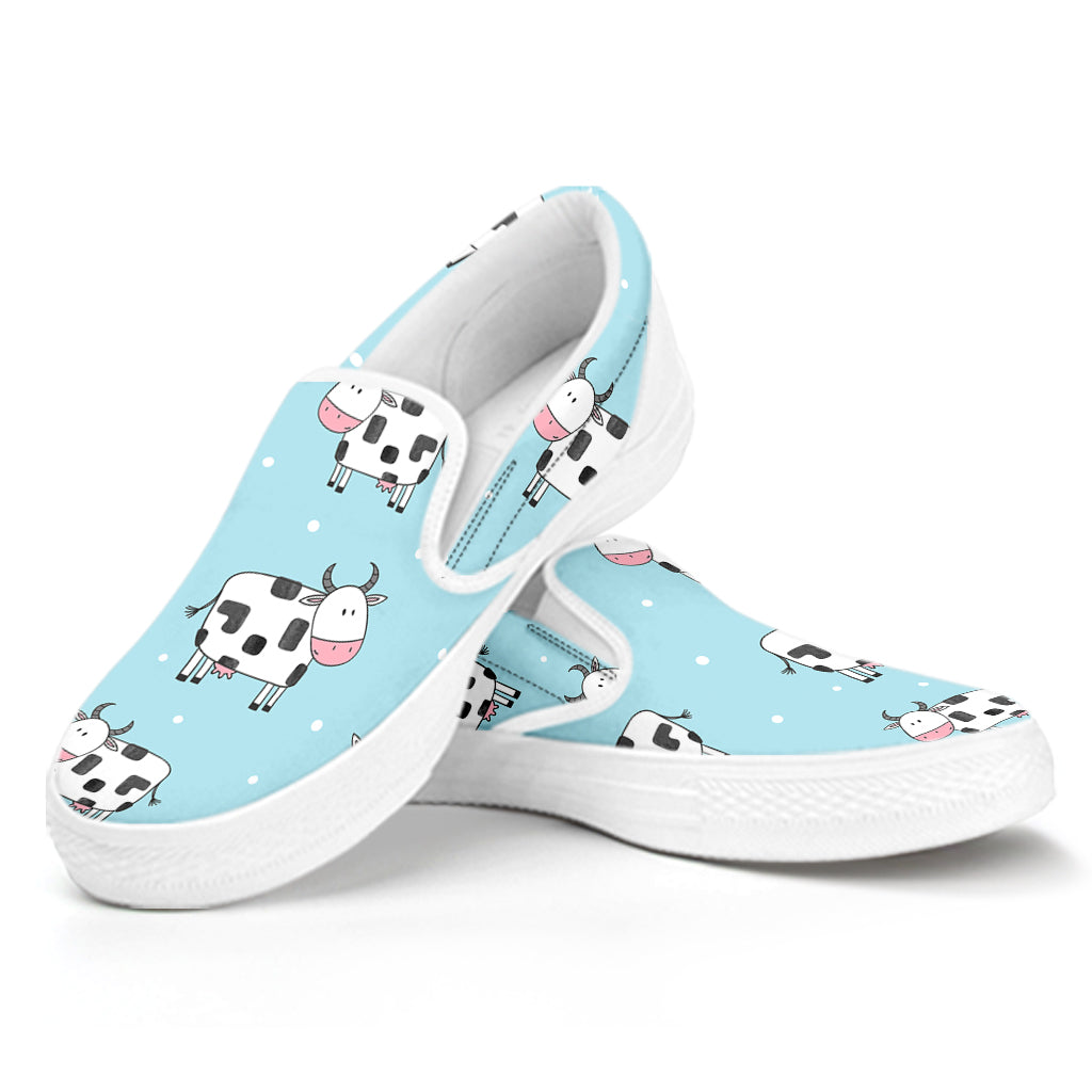 Doodle Cow Pattern Print White Slip On Sneakers