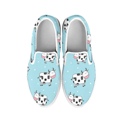 Doodle Cow Pattern Print White Slip On Sneakers