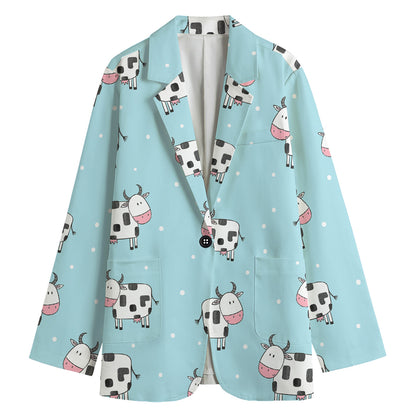 Doodle Cow Pattern Print Women's Cotton Blazer