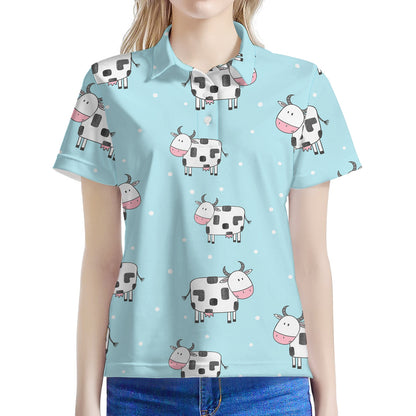 Doodle Cow Pattern Print Women's Polo Shirt