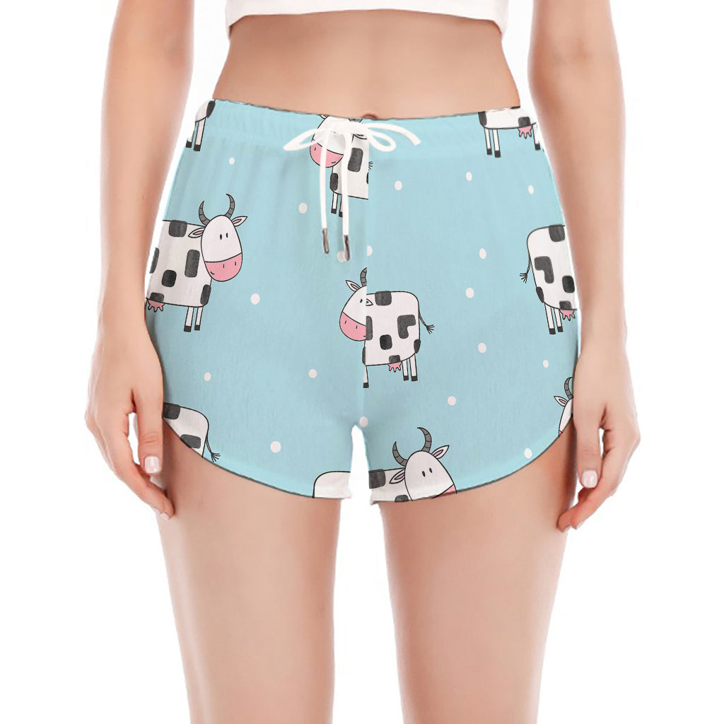 Doodle Cow Pattern Print Women's Split Running Shorts