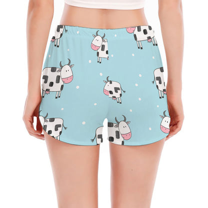 Doodle Cow Pattern Print Women's Split Running Shorts