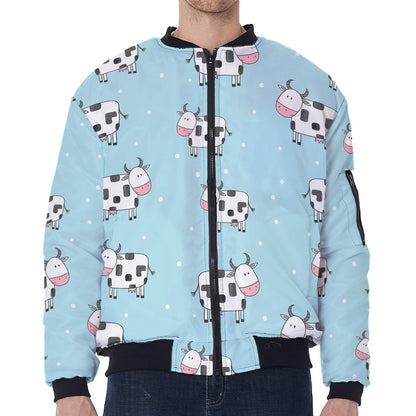 Doodle Cow Pattern Print Zip Sleeve Bomber Jacket