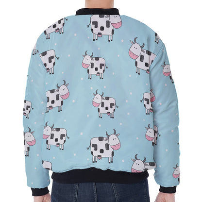 Doodle Cow Pattern Print Zip Sleeve Bomber Jacket