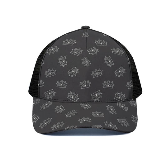 Doodle Crown Pattern Print Black Mesh Trucker Cap