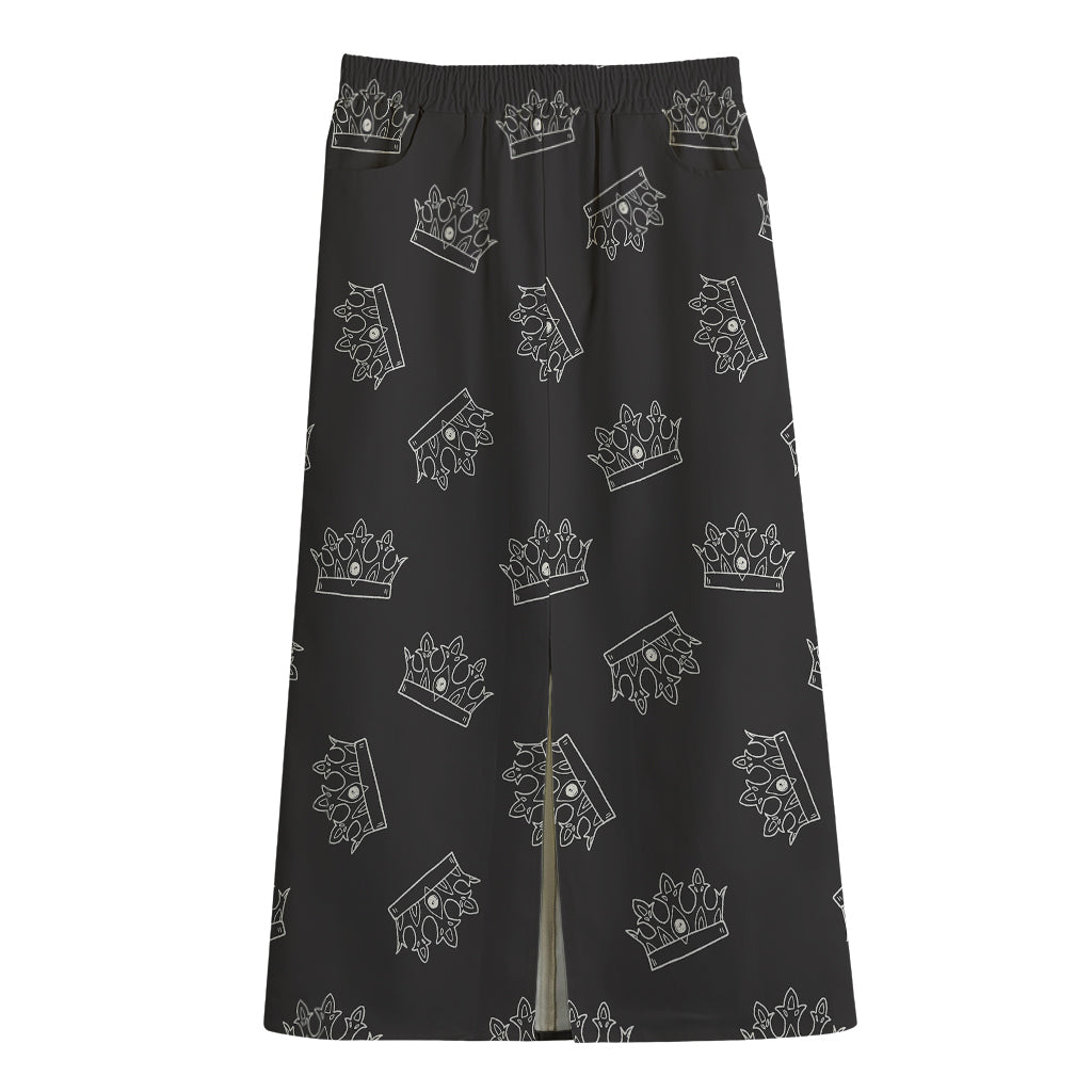Doodle Crown Pattern Print Cotton Front Slit Maxi Skirt