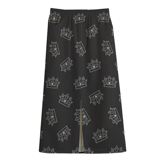 Doodle Crown Pattern Print Cotton Front Slit Maxi Skirt