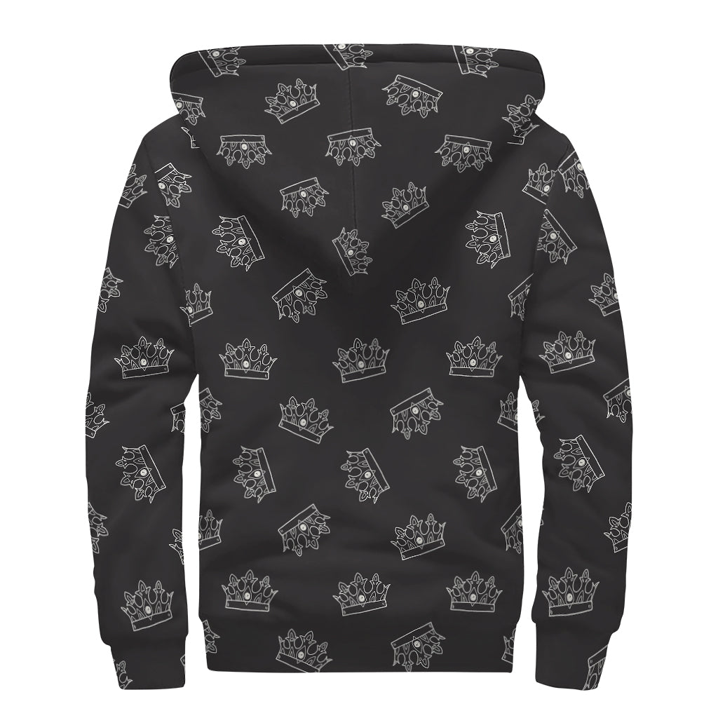 Doodle Crown Pattern Print Sherpa Lined Zip Up Hoodie