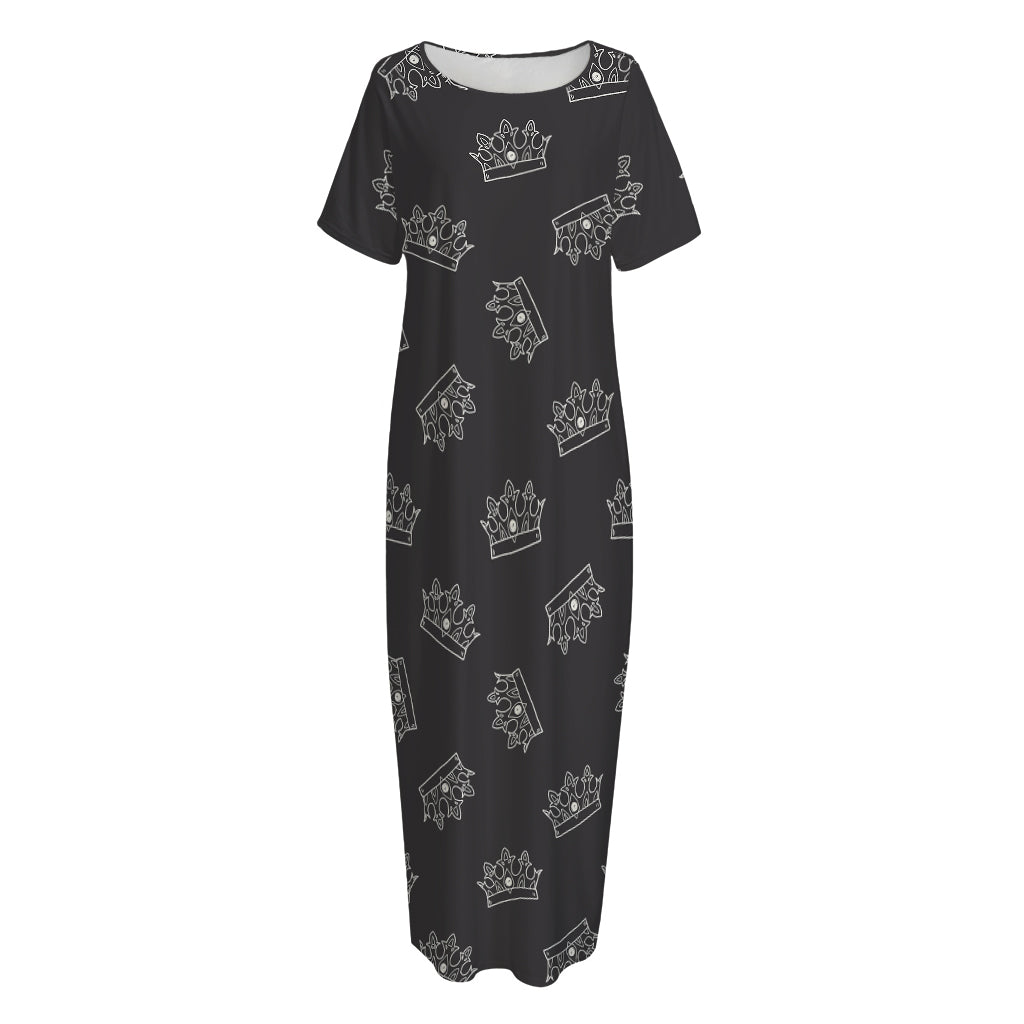 Doodle Crown Pattern Print Short Sleeve Long Nightdress