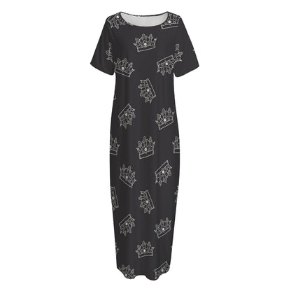 Doodle Crown Pattern Print Short Sleeve Long Nightdress