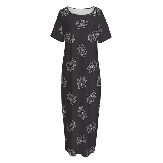 Doodle Crown Pattern Print Short Sleeve Long Nightdress