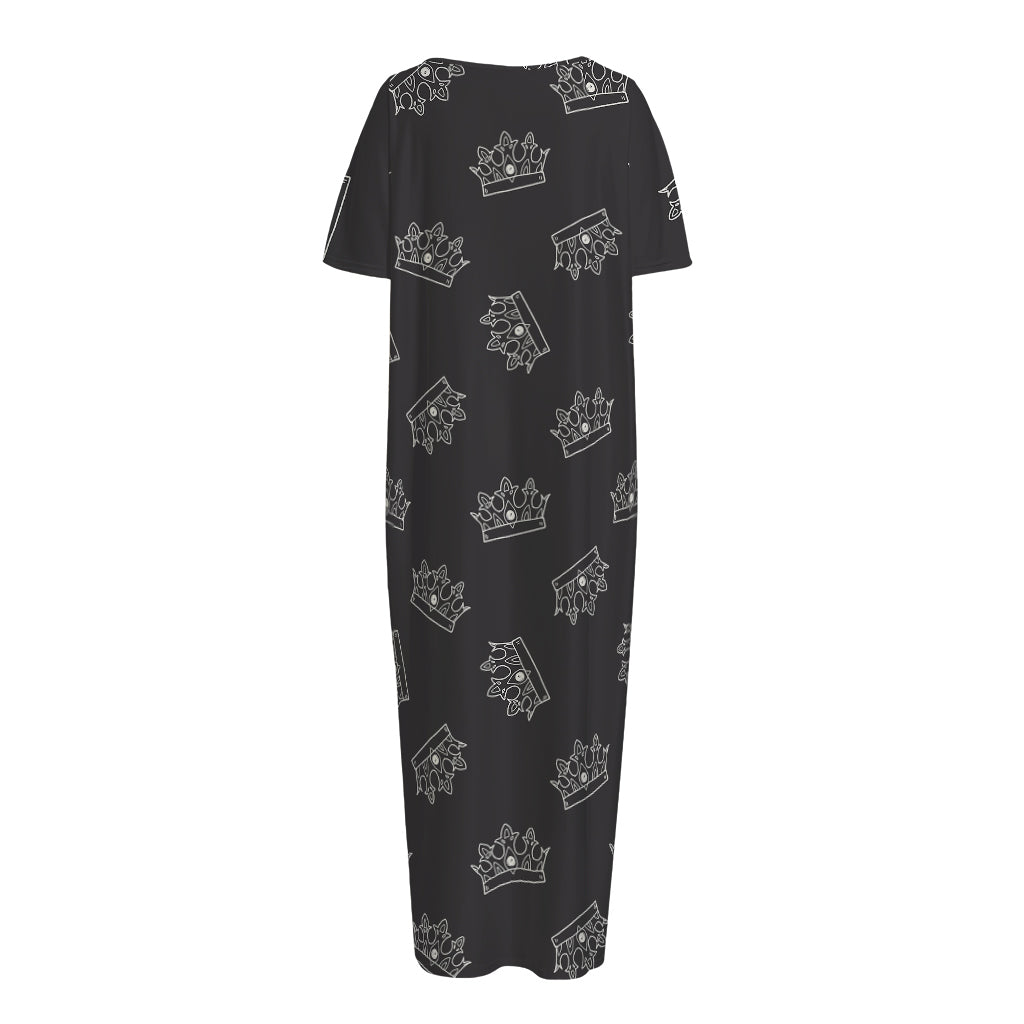 Doodle Crown Pattern Print Short Sleeve Long Nightdress