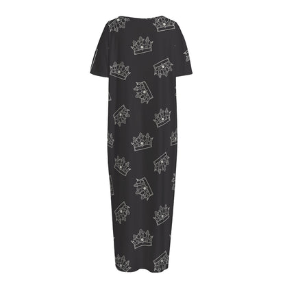 Doodle Crown Pattern Print Short Sleeve Long Nightdress