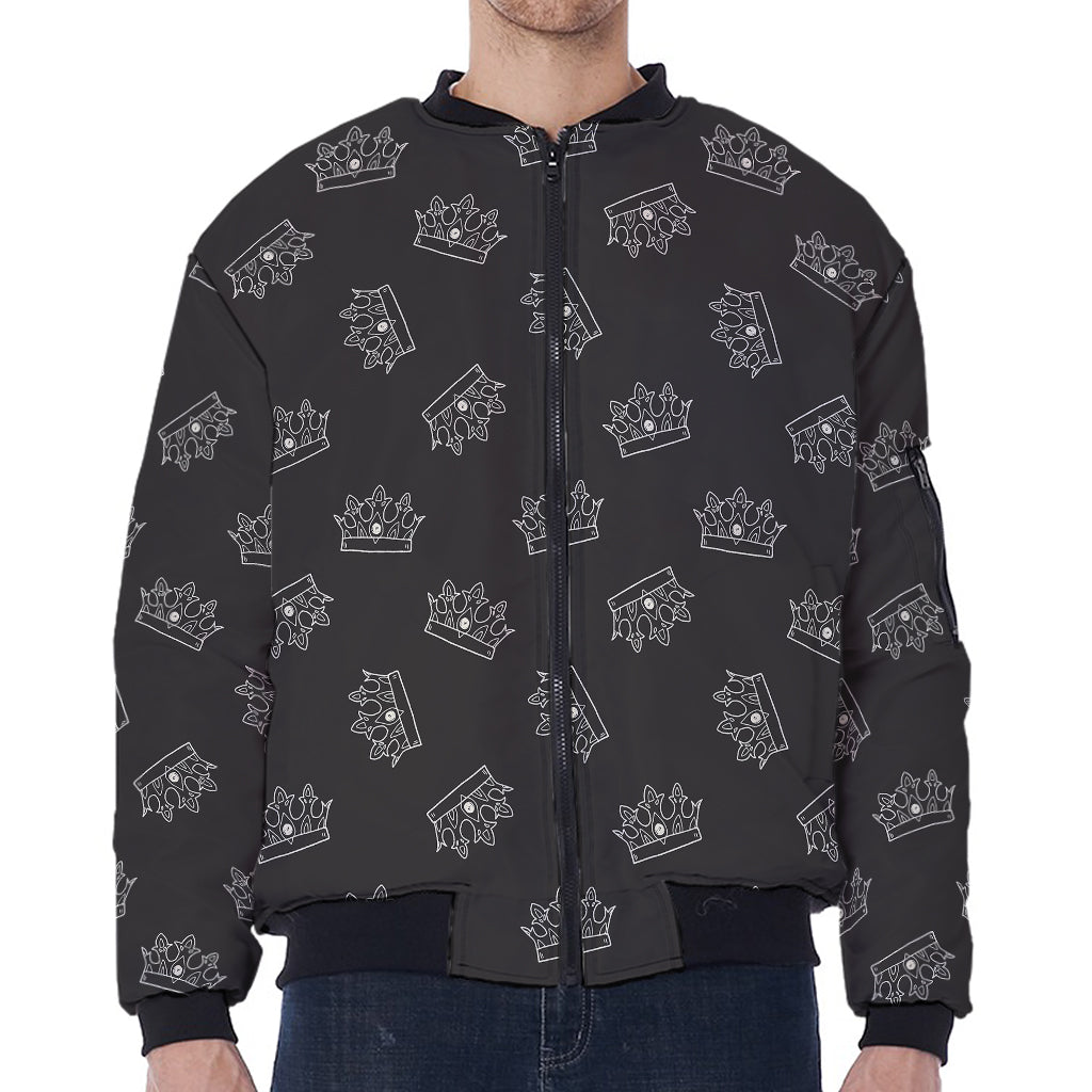 Doodle Crown Pattern Print Zip Sleeve Bomber Jacket