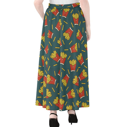 Doodle French Fries Pattern Print Chiffon Maxi Skirt