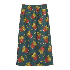 Doodle French Fries Pattern Print Cotton Front Slit Maxi Skirt