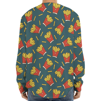 Doodle French Fries Pattern Print Long Sleeve Baseball Jersey