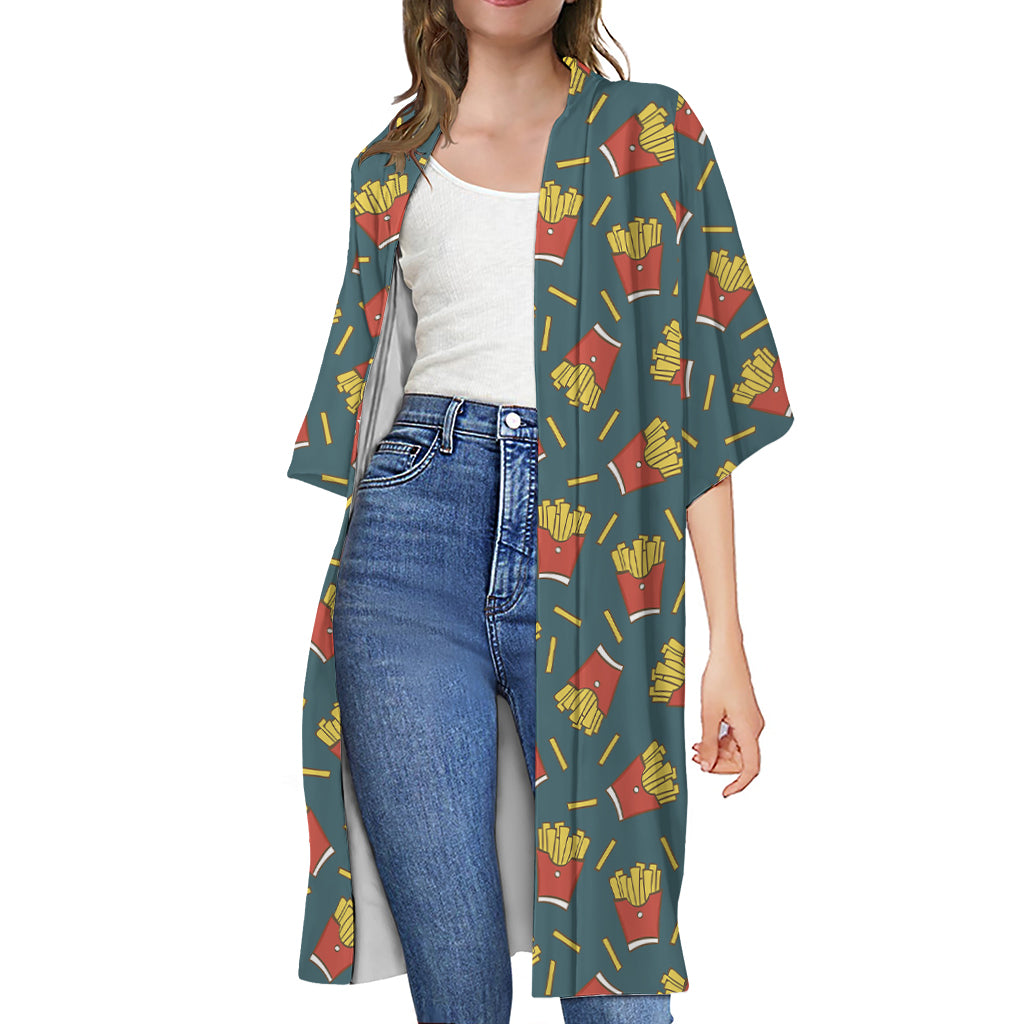 Doodle French Fries Pattern Print Open Front Beach Cover Up