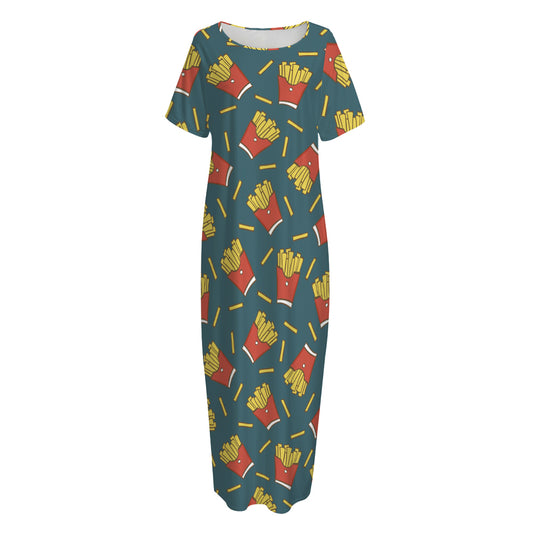 Doodle French Fries Pattern Print Short Sleeve Long Nightdress