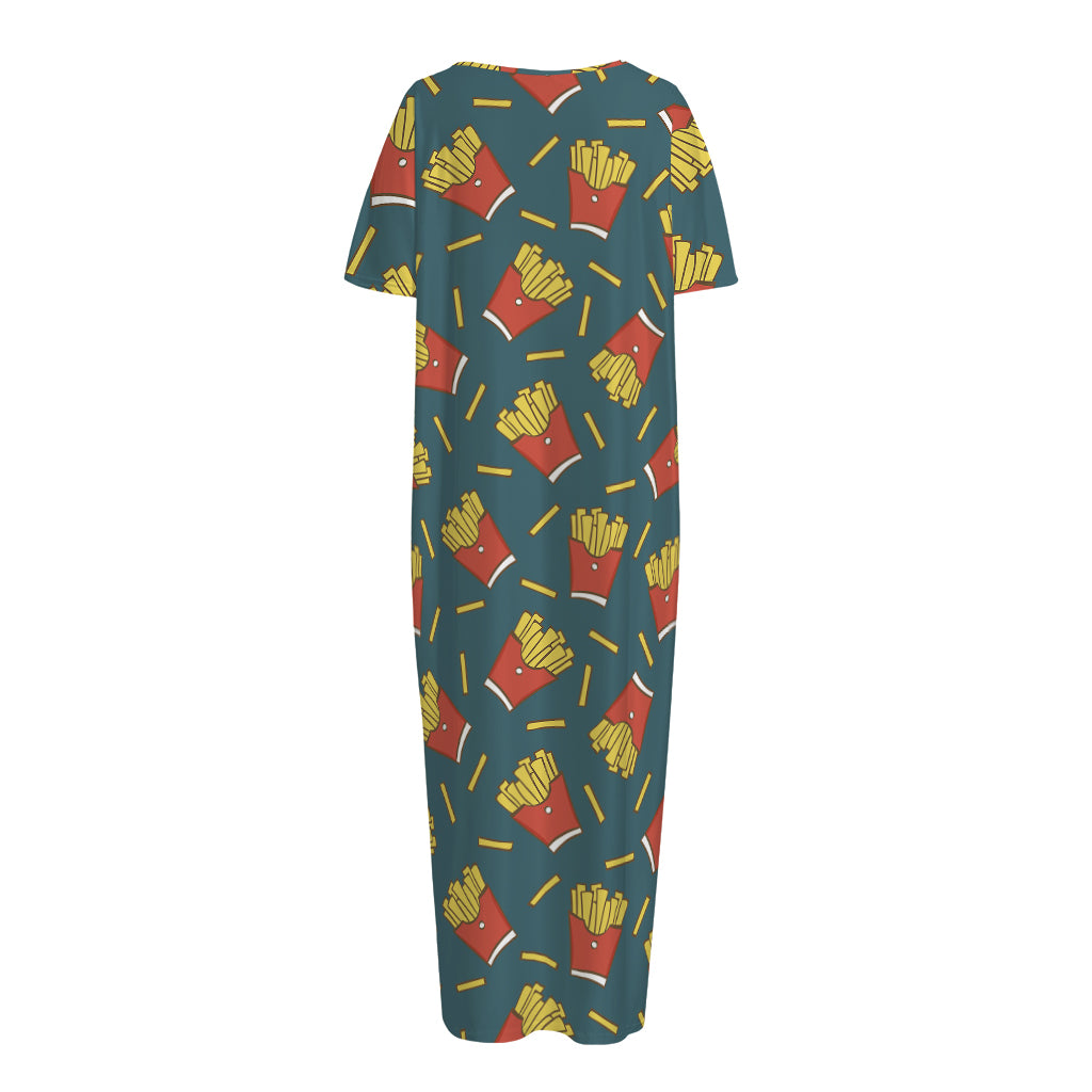 Doodle French Fries Pattern Print Short Sleeve Long Nightdress