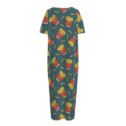 Doodle French Fries Pattern Print Short Sleeve Long Nightdress