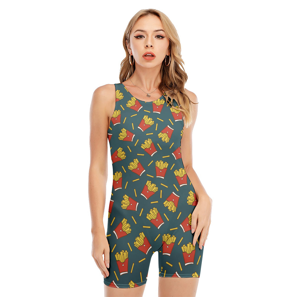 Doodle French Fries Pattern Print Sleeveless One Piece Swimsuit