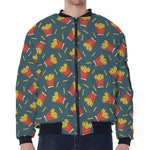 Doodle French Fries Pattern Print Zip Sleeve Bomber Jacket