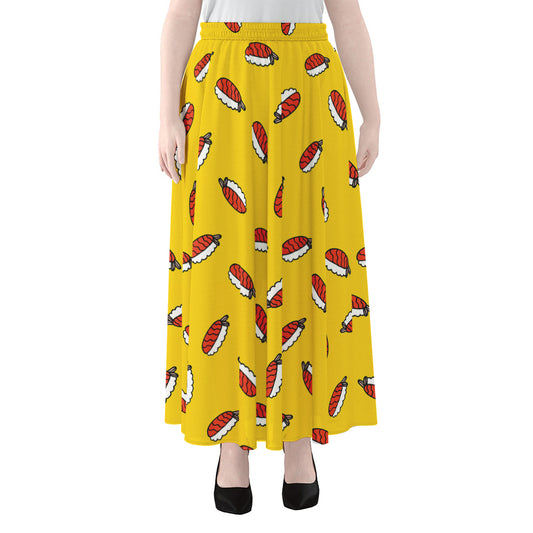 Doodle Japanese Sushi Pattern Print Chiffon Maxi Skirt