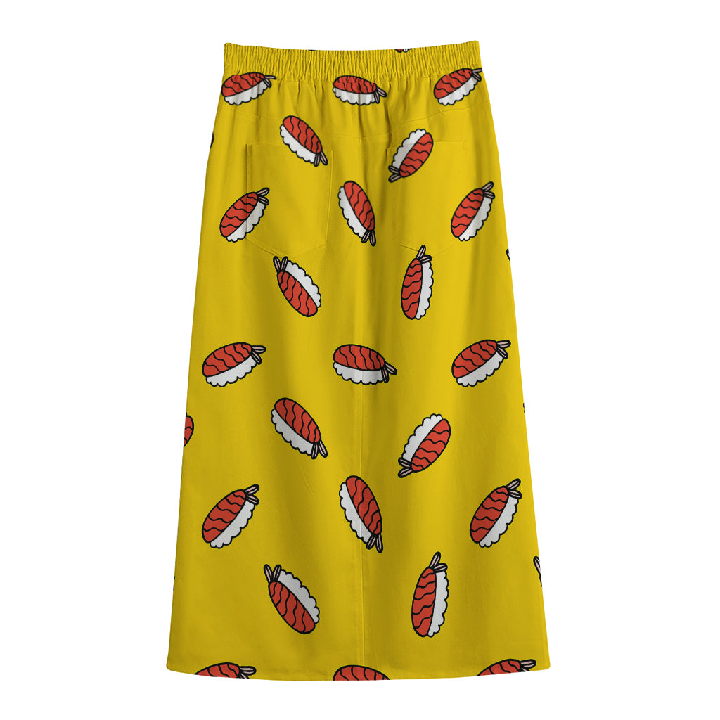 Doodle Japanese Sushi Pattern Print Cotton Front Slit Maxi Skirt