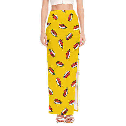 Doodle Japanese Sushi Pattern Print High Slit Maxi Skirt