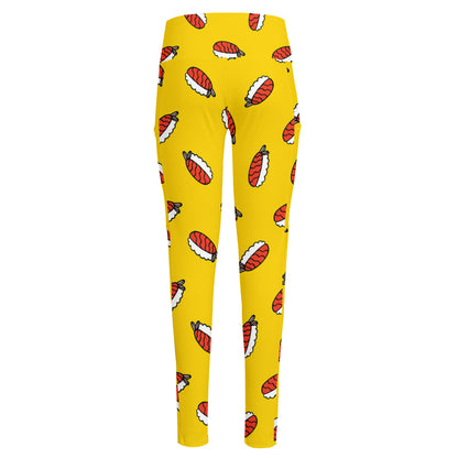 Doodle Japanese Sushi Pattern Print High-Waisted Pocket Leggings