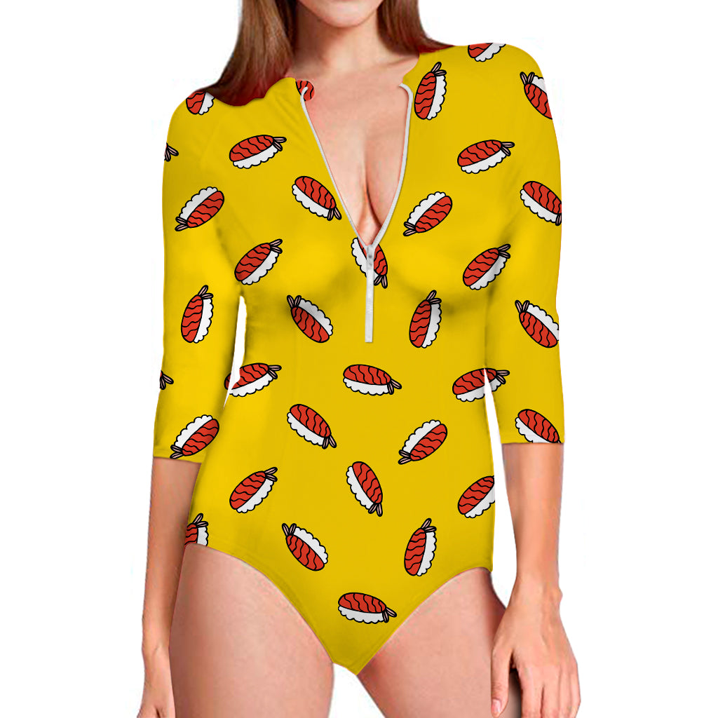 Doodle Japanese Sushi Pattern Print Long Sleeve Swimsuit