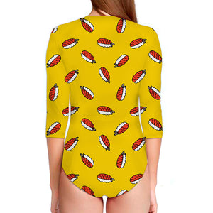 Doodle Japanese Sushi Pattern Print Long Sleeve Swimsuit