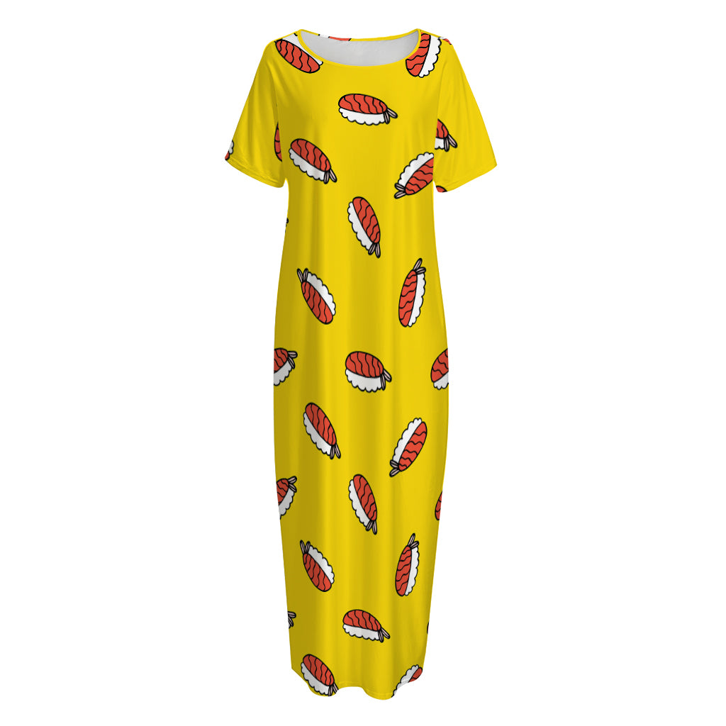 Doodle Japanese Sushi Pattern Print Short Sleeve Long Nightdress