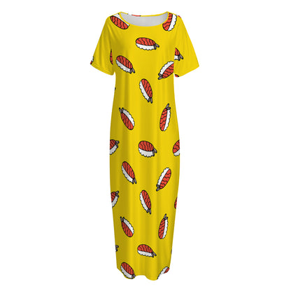 Doodle Japanese Sushi Pattern Print Short Sleeve Long Nightdress