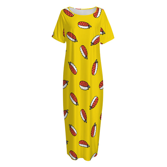 Doodle Japanese Sushi Pattern Print Short Sleeve Long Nightdress