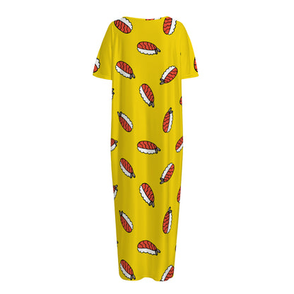 Doodle Japanese Sushi Pattern Print Short Sleeve Long Nightdress