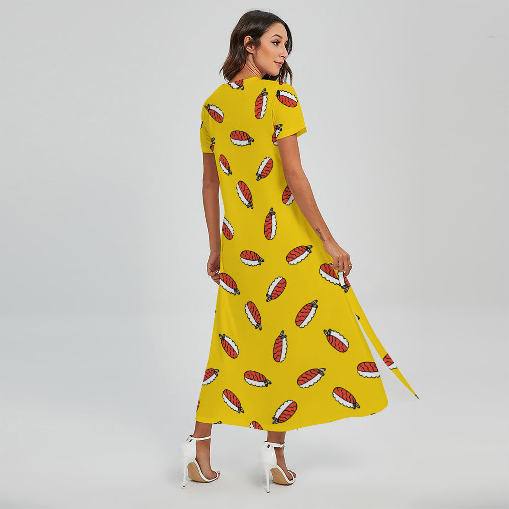 Doodle Japanese Sushi Pattern Print Short Sleeve Maxi Dress