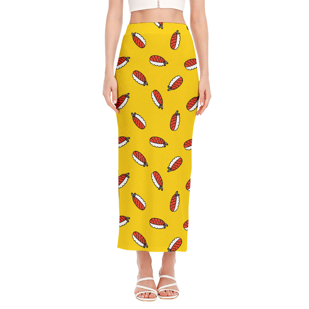 Doodle Japanese Sushi Pattern Print Side Slit Maxi Skirt