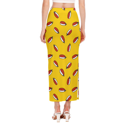 Doodle Japanese Sushi Pattern Print Side Slit Maxi Skirt