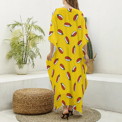 Doodle Japanese Sushi Pattern Print Silk V-Neck Kaftan Dress