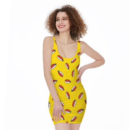 Doodle Japanese Sushi Pattern Print Sleeveless Bodycon Dress