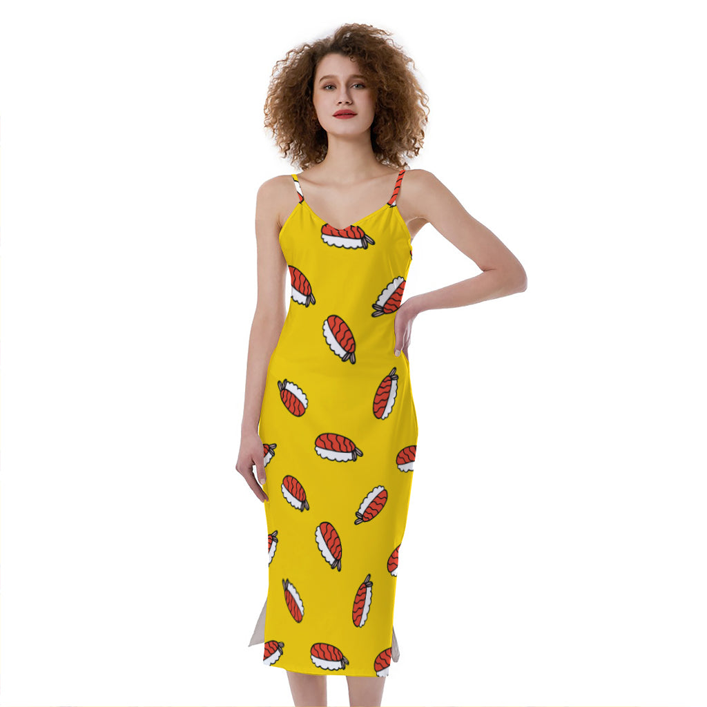 Doodle Japanese Sushi Pattern Print Slim Fit Midi Cami Dress