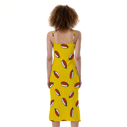 Doodle Japanese Sushi Pattern Print Slim Fit Midi Cami Dress