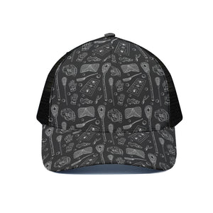 Doodle Lacrosse Pattern Print Black Mesh Trucker Cap