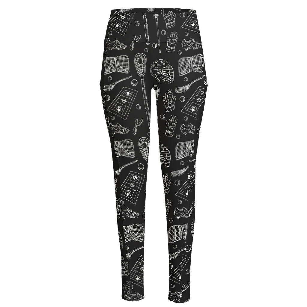 Doodle Lacrosse Pattern Print High-Waisted Pocket Leggings