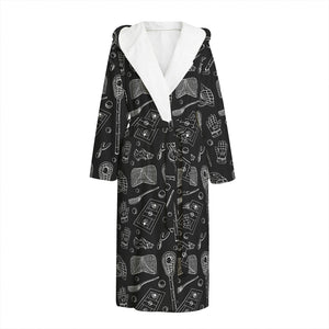 Doodle Lacrosse Pattern Print Hooded Bathrobe